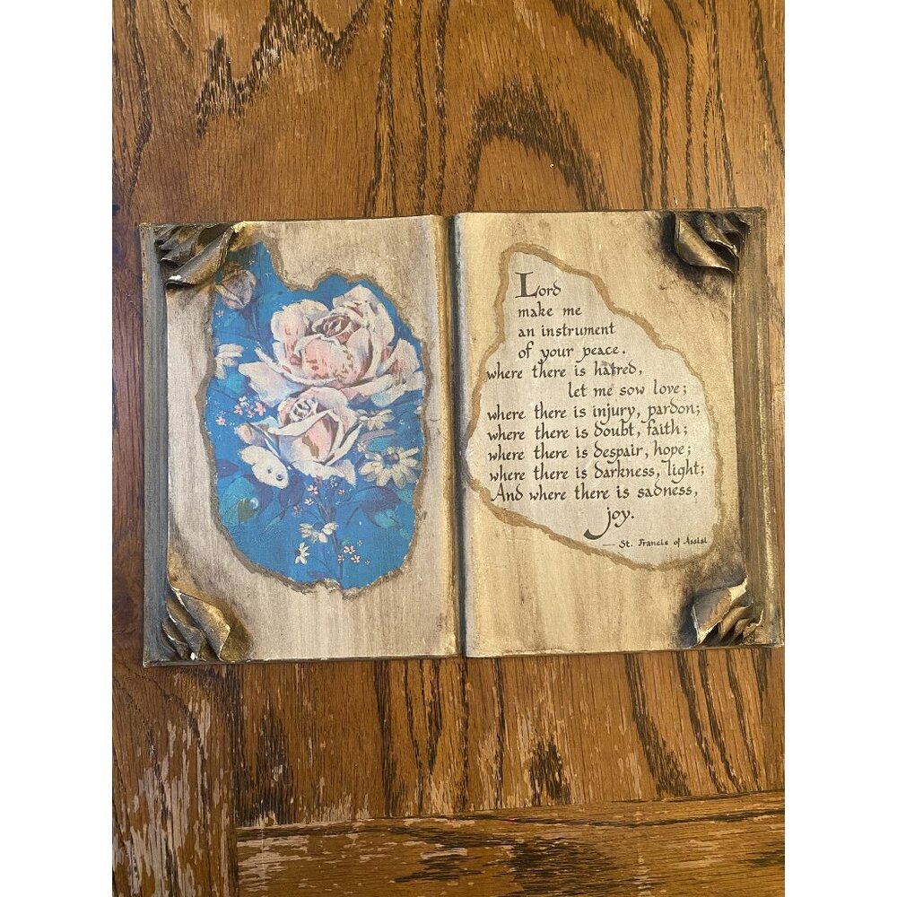 MCM Chinoiserie Wooden Gold Decorative Plaque St. Francis Of Assisi Prayer & Flo